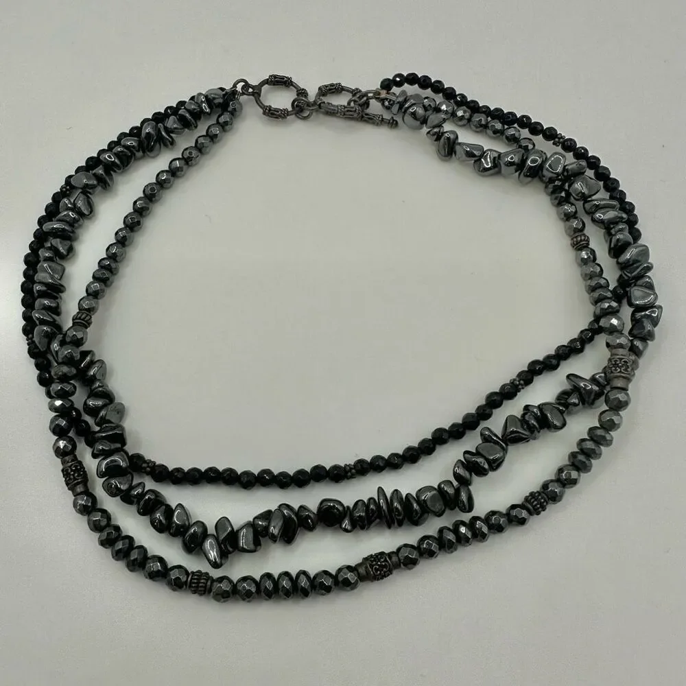 Siplada Hematite and onyx sterling silver multi strand necklace